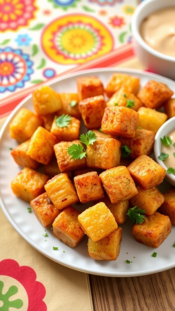 Crispy Air Fryer Mini Potatoes Recipe Crispy golden mini potatoes garnished with parsley on a plate, with a dipping sauce in the background.
